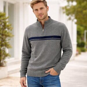 Chaps Sweater Mens L Gray Half-Zip Pullover Top Navy Stripe Ribbed Collar Cuffs